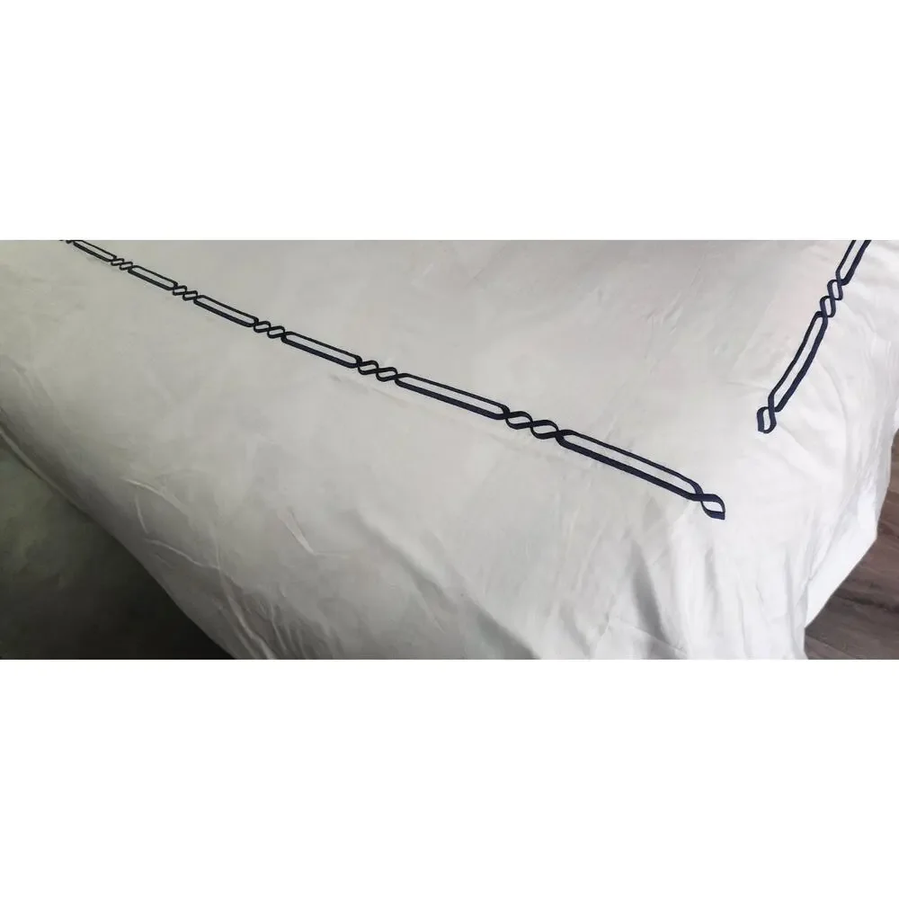 Frette Frame White Navy Embroidery Cotton King Duvet New